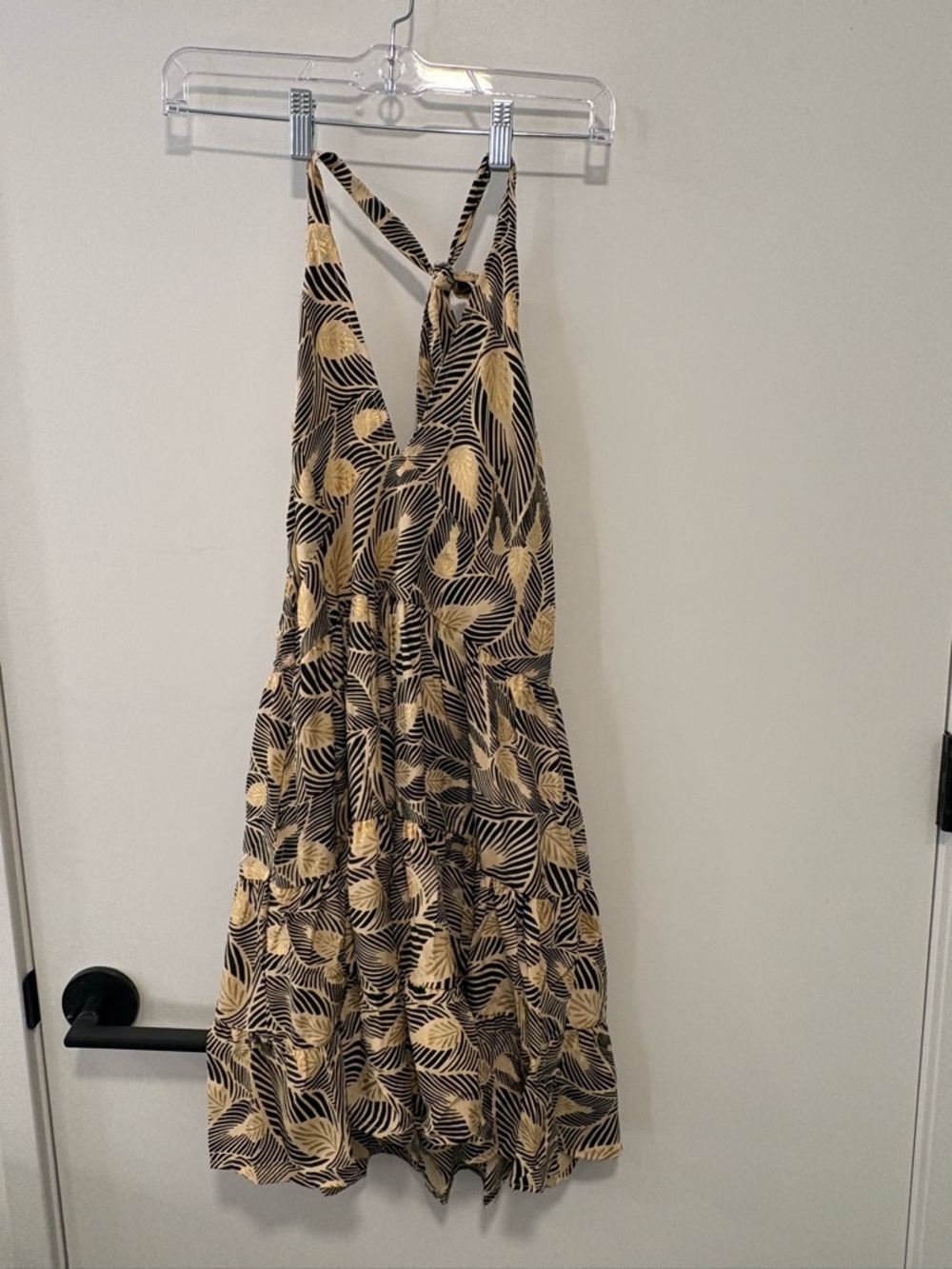 Paani Leaf-Print Black & Cream Halter Mini Dress